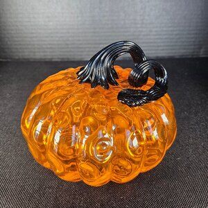 Halloween Art Glass Pumpkin Black Stem Orange Gourd Spooky Classic Halloween 4"